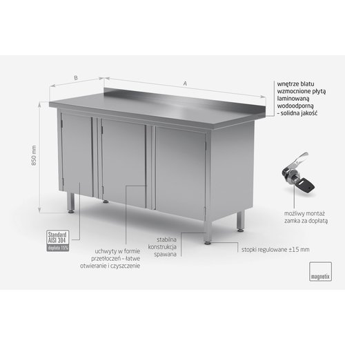 Stół przyścienny ze stali nierdzewnej, szafka z drzwiami na zawiasach | 1500x700x(h)850 mm