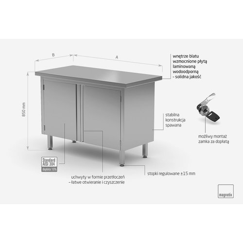 INOXI Stół centralny przelotowy ze stali nierdzewnej z drzwiami na zawiasach | 900x600x(h)850 mm