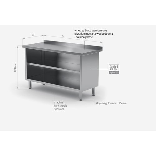 INOXI Stół przyścienny ze stali nierdzewnej szafka otwarta | 800x700x(h)850 mm