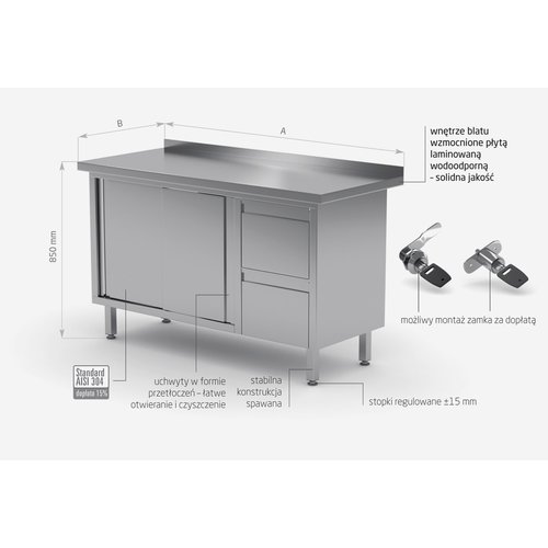 INOXI Stół przyścienny ze stali nierdzewnej, szafka z dwiema szufladami i drzwiami suwanymi - szuflady po prawej stronie | 1600x600x(h)850 mm