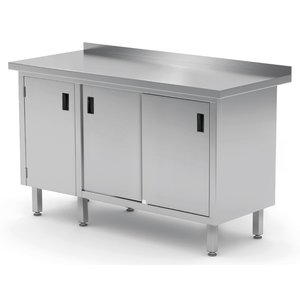 INOXI Stół przyścienny ze stali nierdzewnej z szafką i drzwiami suwanymi - drzwi na zawiasach po lewej stronie | 1500x600x(h)850 mm