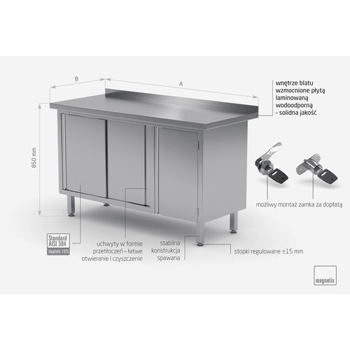 INOXI Stół przyścienny ze stali nierdzewnej z szafką i drzwiami suwanymi - drzwi na zawiasach po prawej stronie | 1500x600x(h)850 mm