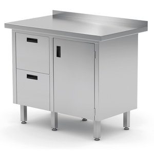 Stół przyścienny ze stali nierdzewnej, szafka z dwiema szufladami i drzwiami na zawiasach - szuflady po lewej stronie | 830x700x(h)850 mm