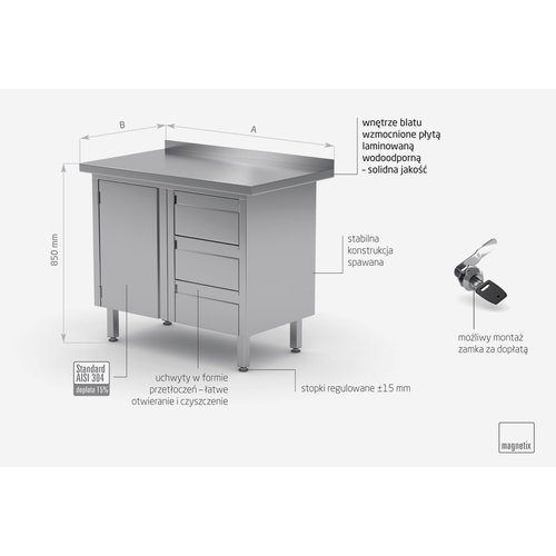 INOXI Stół przyścienny ze stali nierdzewnej, szafka z trzema szufladami i drzwiami na zawiasach - szuflady po prawej stronie | 830x600x(h)850 mm