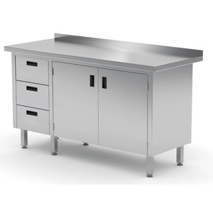 INOXI Stół przyścienny ze stali nierdzewnej, szafka z trzema szufladami i drzwiami na zawiasach - szuflady po lewej stronie | 1600x700x(h)850 mm