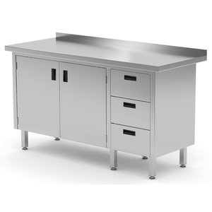 INOXI Stół przyścienny ze stali nierdzewnej, szafka z trzema szufladami i drzwiami na zawiasach - szuflady po prawej stronie | 1600x600x(h)850 mm