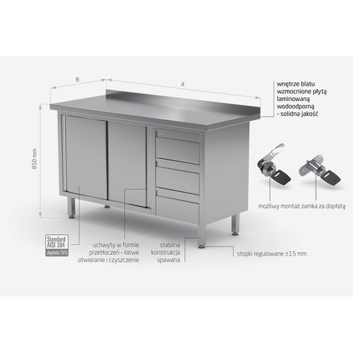 INOXI Stół przyścienny ze stali nierdzewnej, szafka z trzema szufladami i drzwiami suwanymi - szuflady po prawej stronie | 1700x700x(h)850 mm