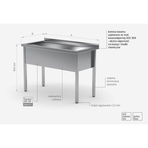 Stół ze stal nierdzewnej z basenem jednokomorowym - wysokość komory h = 300 mm | 600x600x(h)850 mm