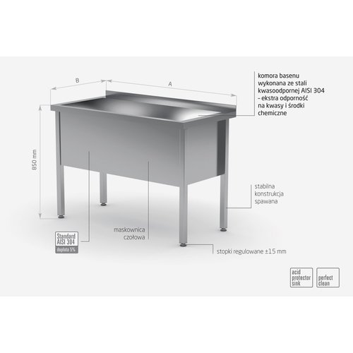 Stół ze stal nierdzewnej z basenem jednokomorowym - wysokość komory h = 400 mm | 900x600x(h)850 mm