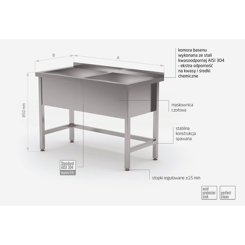Stół ze stali nierdzewnej z basenem dwukomorowym - wysokość komory h = 300 mm | 1200x600x(h)850 mm
