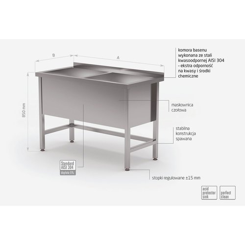 Stół ze stali nierdzewnej z basenem dwukomorowym - wysokość komory h = 400 mm | 1600x600x(h)850 mm