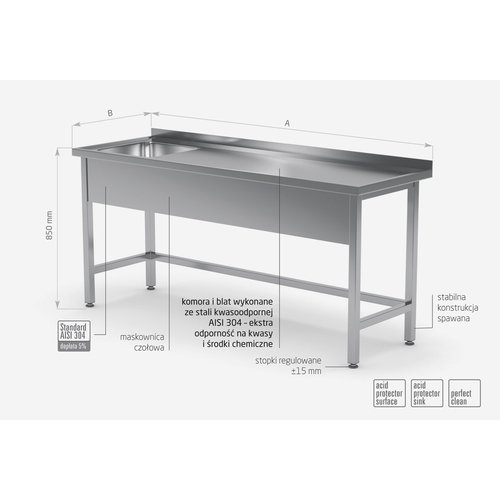 INOXI Stół ze stali nierdzewnej ze zlewem wzmocniony bez półki - komora po lewej stronie | 1700x600x(h)850 mm