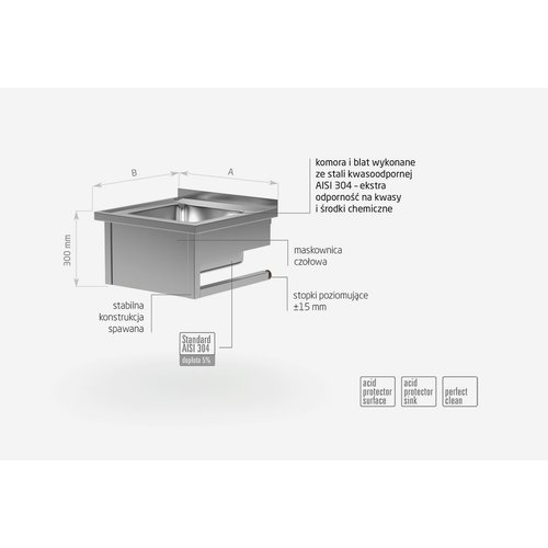 INOXI Stół wiszący ze stali nierdzewnej ze zlewem | 700x600x(h)300 mm