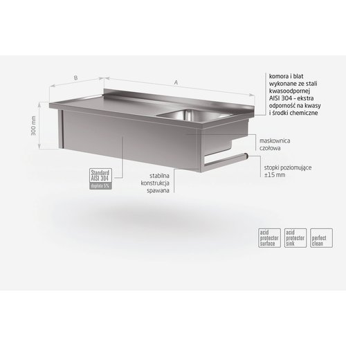 Stół wiszący ze stali nierdzewnej ze zlewem - komora po prawej stronie | 900x600x(h)300 mm