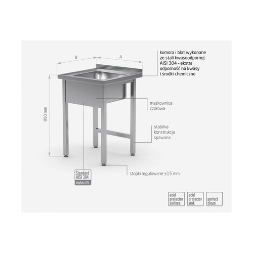Stół ze stali nierdzewnej ze zlewem bez półki | 600x600x(h)850 mm