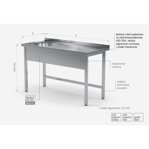INOXI Stół ze stali nierdzewnej ze zlewem bez półki - komora po lewej stronie | 1700x600x(h)850 mm