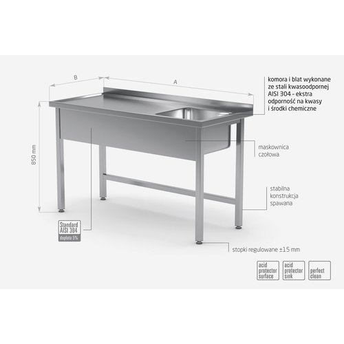 INOXI Stół ze stali nierdzewnej ze zlewem bez półki - komora po prawej stronie | 1700x700x(h)850 mm