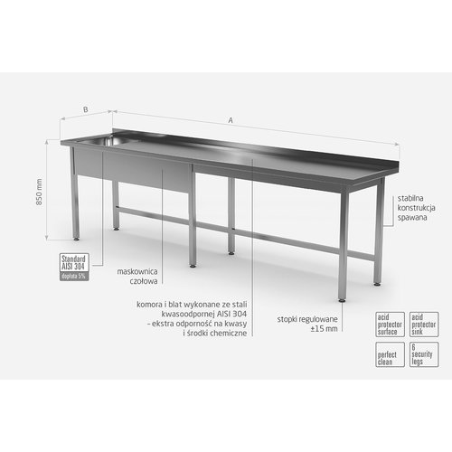 INOXI Stół ze stali nierdzewnej ze zlewem bez półki - komora po lewej stronie | 2000x600x(h)850 mm