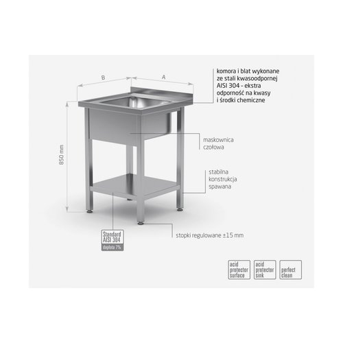 Stół ze stali nierdzewnej ze zlewem i półką | 600x600x(h)850 mm