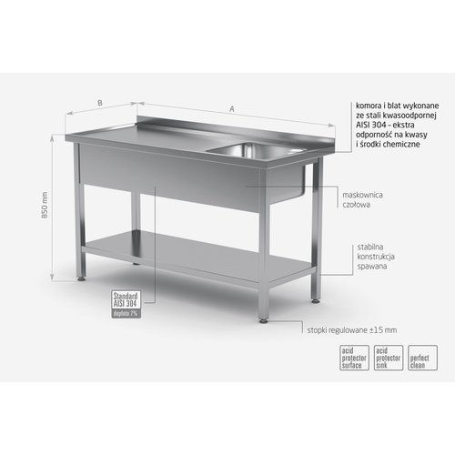 Stół ze stali nierdzewnej ze zlewem i półką - komora po prawej stronie | 800x600x(h)850 mm