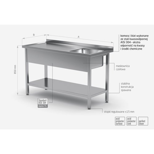Stół ze stali nierdzewnej ze zlewem i półką - komora po prawej stronie | 1200x600x(h)850 mm