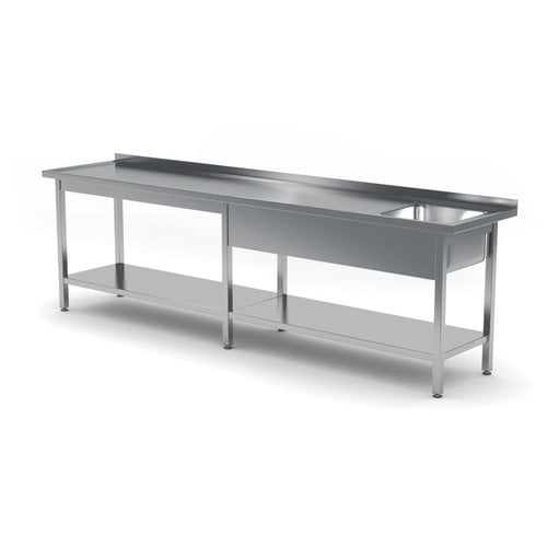 INOXI Stół ze stali nierdzewnej ze zlewem i półką - komora po prawej stronie | 2200x600x(h)850 mm
