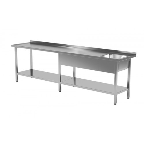 INOXI Stół ze stali nierdzewnej ze zlewem i półką - komora po prawej stronie | 2200x600x(h)850 mm