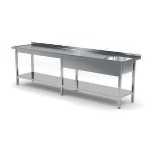 INOXI Stół ze stali nierdzewnej ze zlewem i półką - komora po prawej stronie | 2200x700x(h)850 mm
