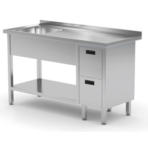 INOXI Stół ze stali nierdzewnej ze zlewem, półką i szafką z dwiema szufladami - komora po lewej stronie | 1600x700x(h)850 mm
