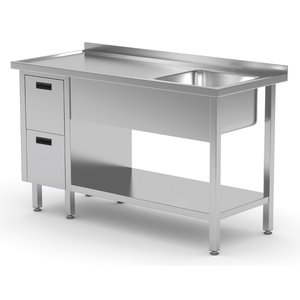 INOXI Stół ze stali nierdzewnej ze zlewem, półką i szafką z dwiema szufladami - komora po prawej stronie | 1600x700x(h)850 mm