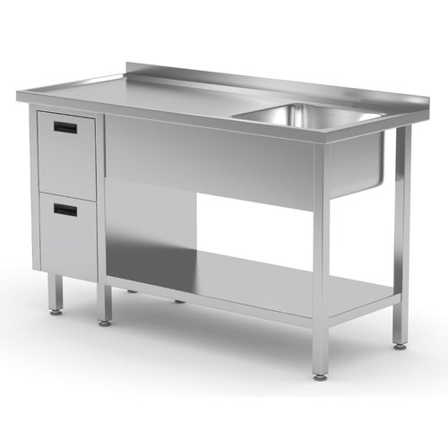INOXI Stół ze stali nierdzewnej ze zlewem, półką i szafką z dwiema szufladami - komora po prawej stronie | 1600x700x(h)850 mm