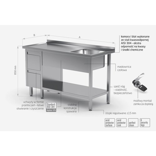 INOXI Stół ze stali nierdzewnej ze zlewem, półką i szafką z dwiema szufladami - komora po prawej stronie | 1700x600x(h)850 mm