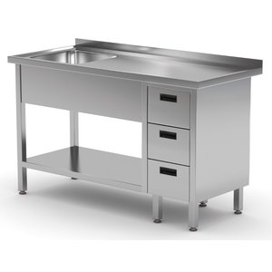 INOXI Stół ze stali nierdzewnej ze zlewem, półką i szafką z trzema szufladami - komora po lewej stronie | 1900x700x(h)850 mm