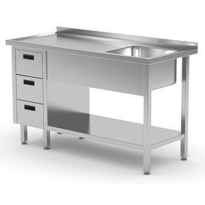INOXI Stół ze stali nierdzewnej ze zlewem, półką i szafką z trzema szufladami - komora po prawej stronie | 1600x700x(h)850 mm