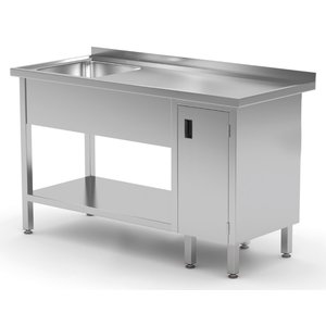 INOXI Stół ze stali nierdzewnej ze zlewem, półką i szafką z drzwiami na zawiasach - komora po lewej stronie | 1600x600x(h)850 mm