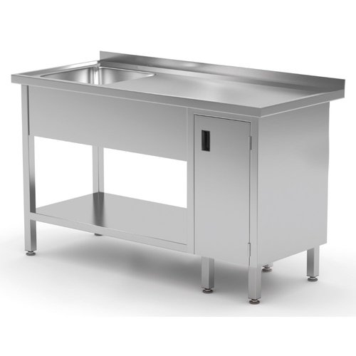INOXI Stół ze stali nierdzewnej ze zlewem, półką i szafką z drzwiami na zawiasach - komora po lewej stronie | 1600x600x(h)850 mm