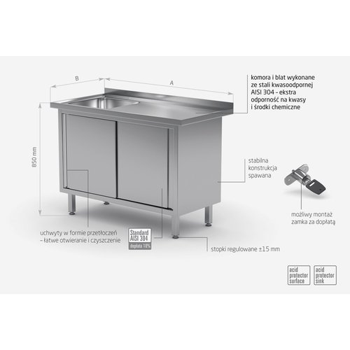 INOXI Stół ze stali nierdzewnej ze zlewem, szafka z drzwiami suwanymi - komora po lewej stronie | 900x600x(h)850 mm