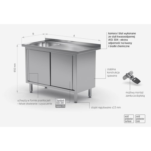 Stół ze stali nierdzewnej ze zlewem, szafka z drzwiami suwanymi - komora po lewej stronie | 1100x700x(h)850 mm