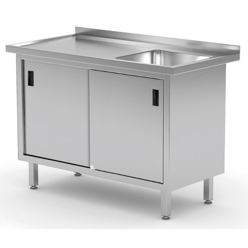 INOXI Stół ze stali nierdzewnej ze zlewem, szafka z drzwiami suwanymi - komora po prawej stronie | 1500x600x(h)850 mm