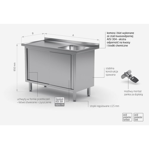 INOXI Stół ze stali nierdzewnej ze zlewem, szafka z drzwiami suwanymi - komora po prawej stronie | 1700x600x(h)850 mm