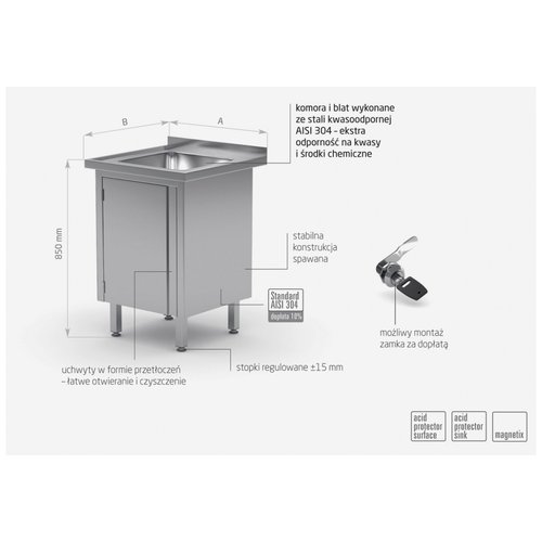 INOXI Stół ze stal nierdzewnej ze zlewem, szafka z drzwiami na zawiasach | 600x600x(h)850 mm