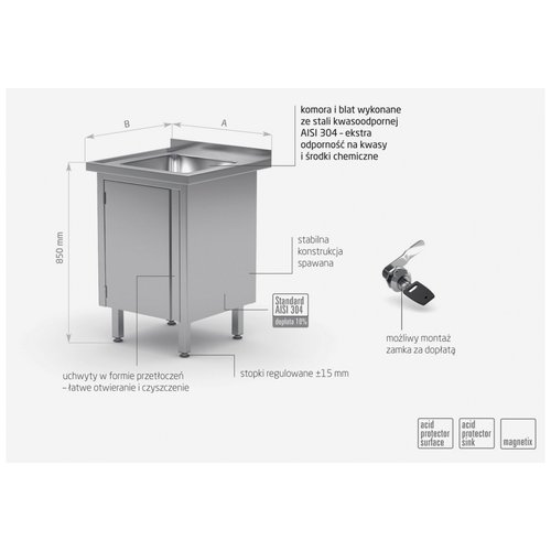 INOXI Stół ze stal nierdzewnej ze zlewem, szafka z drzwiami na zawiasach | 600x700x(h)850 mm