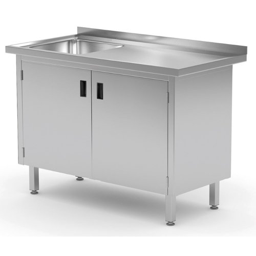INOXI Stół ze stali nierdzewnej ze zlewem, szafka z drzwiami na zawiasach - komora po lewej stronie | 700x600x(h)850 mm
