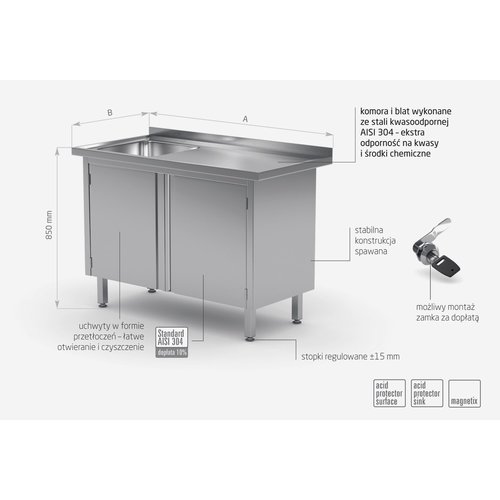 Stół ze stali nierdzewnej ze zlewem, szafka z drzwiami na zawiasach - komora po lewej stronie | 1100x700x(h)850 mm