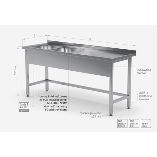 INOXI Stół ze stali nierdzewnej z dwoma zlewami wzmocniony bez półki - komory po lewej stronie | 1700x600x(h)850 mm