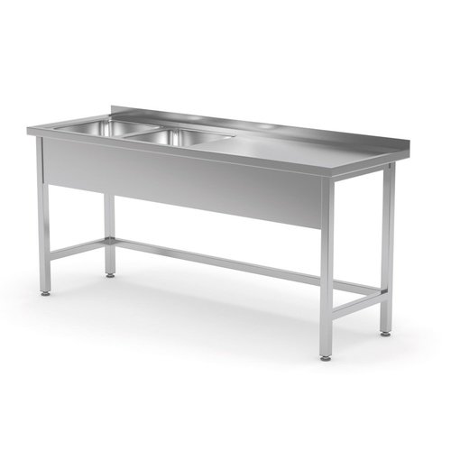 INOXI Stół ze stali nierdzewnej z dwoma zlewami wzmocniony bez półki - komory po lewej stronie | 1700x700x(h)850 mm