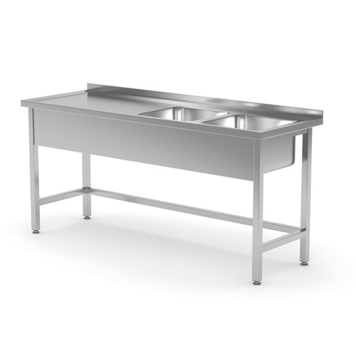 INOXI Stół ze stali nierdzewnej z dwoma zlewami wzmocniony bez półki - komory po prawej stronie | 1700x700x(h)850 mm