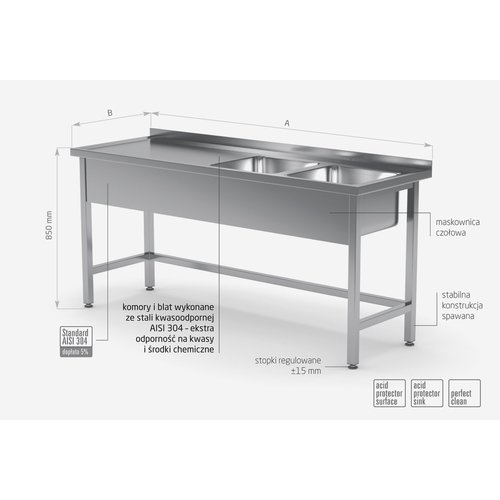 INOXI Stół ze stali nierdzewnej z dwoma zlewami wzmocniony bez półki - komory po prawej stronie | 1700x700x(h)850 mm