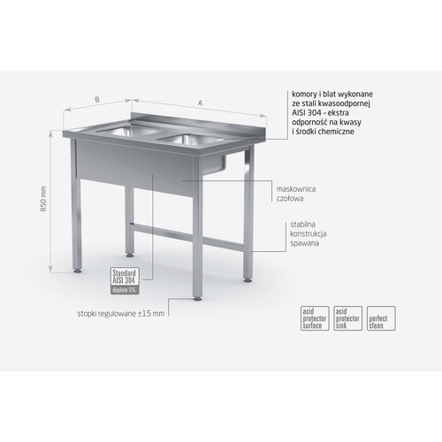 Stół ze stali nierdzewnej z dwoma małymi zlewami bez półki | 800x600x(h)850 mm