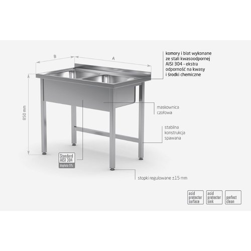 INOXI Stół ze stali nierdzewnej z dwoma zlewami bez półki | 1000x600x(h)850 mm